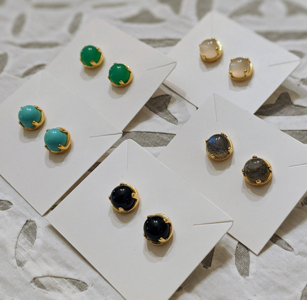 EDO Stud Earring with White Moonstone, Chrysoprase, Labradorite, Turquoise, and Black Opal in Gold
