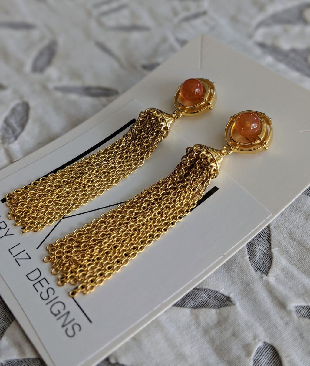 EDO Chain Tassel Earrings in Gold with Gem Stone
